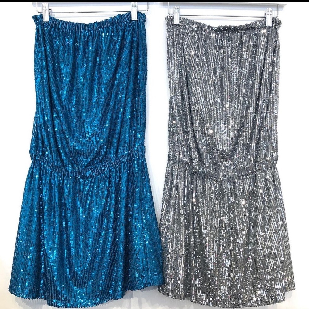 Sofia Turquoise Sequin Mini Blouson Strapless Dre… - image 2